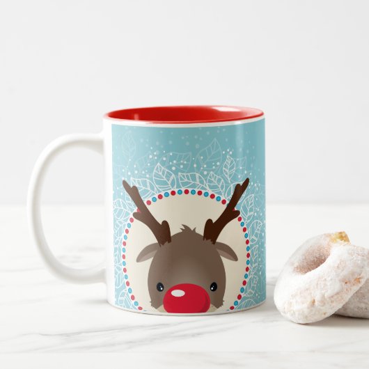 CHRISTMAS REINDEE PEEKING rote Nase Rudolph blau Zweifarbige Tasse (Mit Donut)
