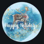 Christmas Reindeer Blue Splash Runder Aufkleber<br><div class="desc">Wasserfarbener Rentier mit festlicher Schleife und heilig auf seiner Brille und anpassbarer weißer "Happy Holidays" Text auf dem Hintergrund blauer Aquarellspritze und Schnee</div>