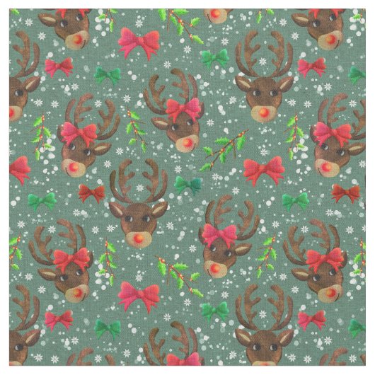 Christmas Reindeer Forest Green Stoff (Nahaufnahme)
