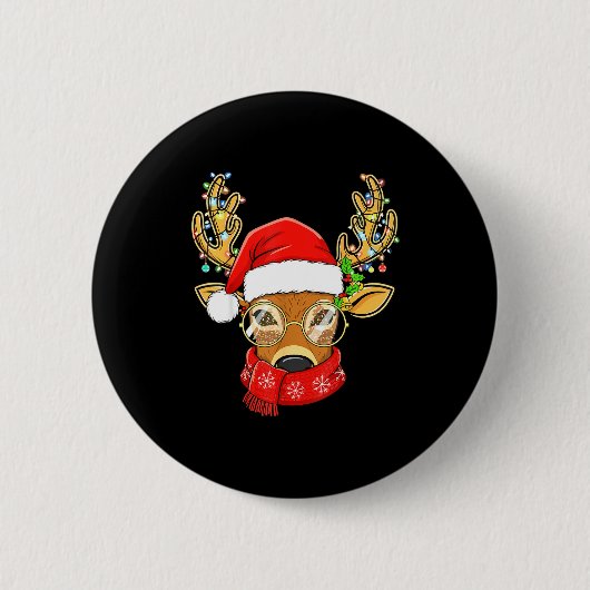 Christmas Reindeer Lights Gles Santa Hat Deer Xmas Button (Vorderseite)