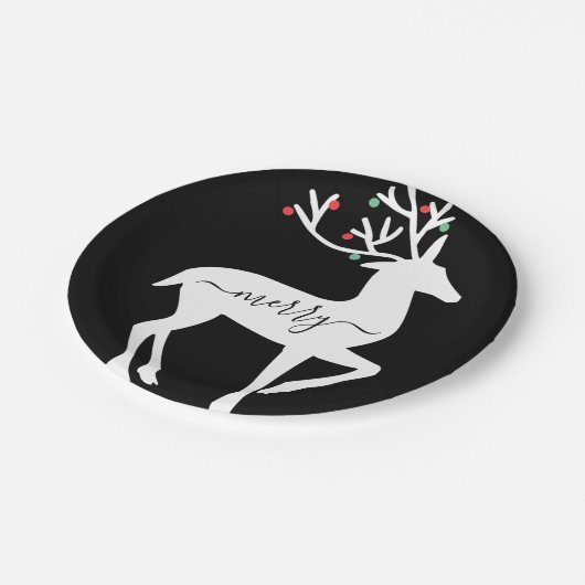 Christmas Reindeer Merry Black Pappteller (Schrägansicht)