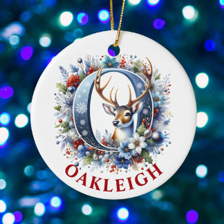 Christmas Reindeer Monogram Letter O Custom Name Keramik Ornament