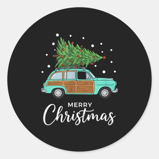 Christmas Retro Car With Christmas Tree - Merry Me Runder Aufkleber (Vorderseite)