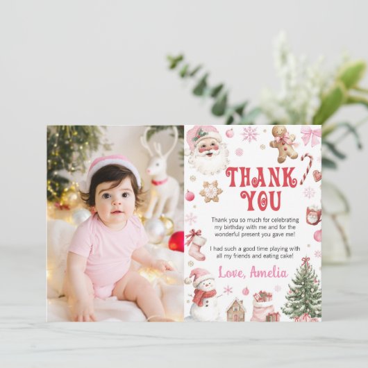 Christmas Retro Santa Winter Birthday Photo Dankeskarte (Stehend Vorderseite)