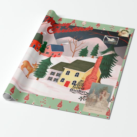 CHRISTMAS RETRO WINTER VILLAGE Umschlagpapier Geschenkpapier (Ungerollt)