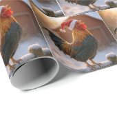 Christmas Rooster Crowing On a Snowy Fence Geschenkpapier (Rolleneckpunkt)