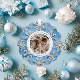 Christmas Round Blue Snowflake Foto Ornament Karte
