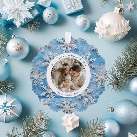 Christmas Round Blue Snowflake Foto Ornament Karte