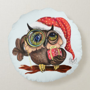Christmas Round Pillow Baby Owl In Hat and Gift Rundes Kissen