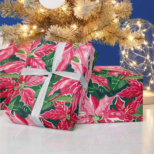 Christmas Ruby Pink Poinsettia N Leaves Pattern Geschenkpapier (Feiertage)