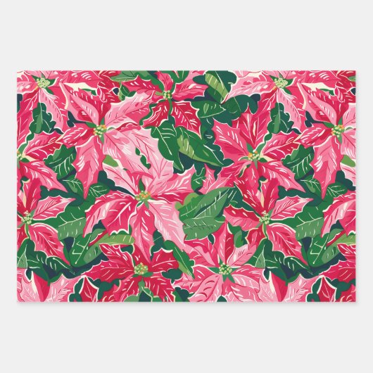 Christmas Ruby Pink Poinsettia N Leaves Pattern Geschenkpapier Set (Vorderseite 3)