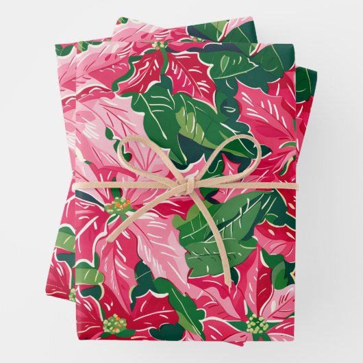 Christmas Ruby Pink Poinsettia N Leaves Pattern Geschenkpapier Set (Beispiel)
