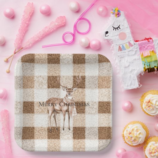 Christmas Rustic Cream Brown Plaid Deer Pappteller (Party)