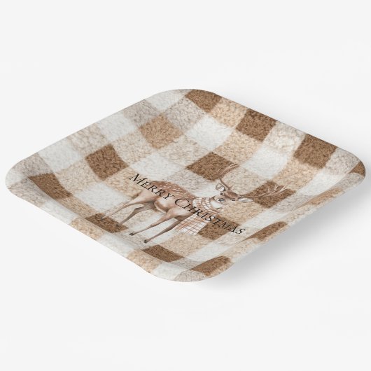 Christmas Rustic Cream Brown Plaid Deer Pappteller (Gewinkelt)