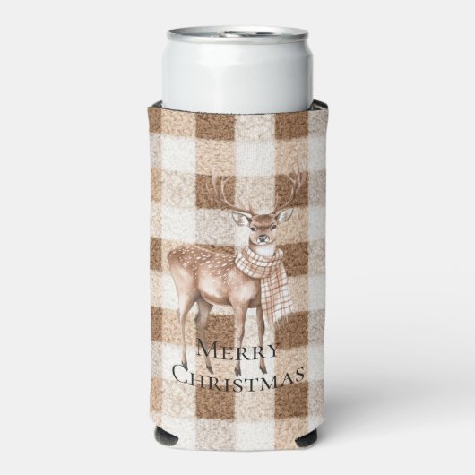 Christmas Rustic Cream Brown Plaid Deer Selters Dosenkühler (Seltzer Vorderseite)