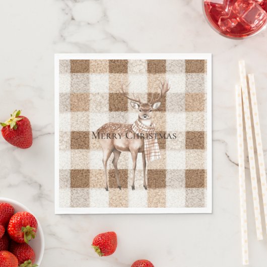 Christmas Rustic Cream Brown Plaid Deer Serviette (Beispiel)