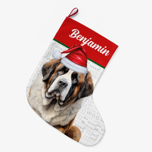 Christmas Saint Bernard Dog with Name Woof Großer Weihnachtsstrumpf (Vorderansicht (hängend))