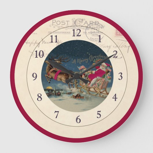 Christmas Santa and Reindeer Clock Große Wanduhr (Vorderseite)