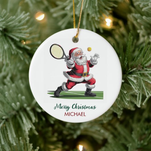 Christmas Santa claus playing tennis Personalized Keramik Ornament (Baum)