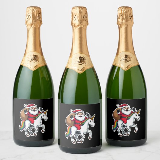 Christmas Santa Claus Riding Unicorn - Xmas Girls Schaumweinetikett (Flaschen)