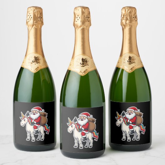 Christmas Santa Claus Riding Unicorn - Xmas Girls Schaumweinetikett (Flaschen)
