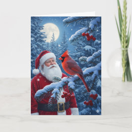 Christmas Santa Claus with Cardinal in Snowy Tree Feiertagskarte
