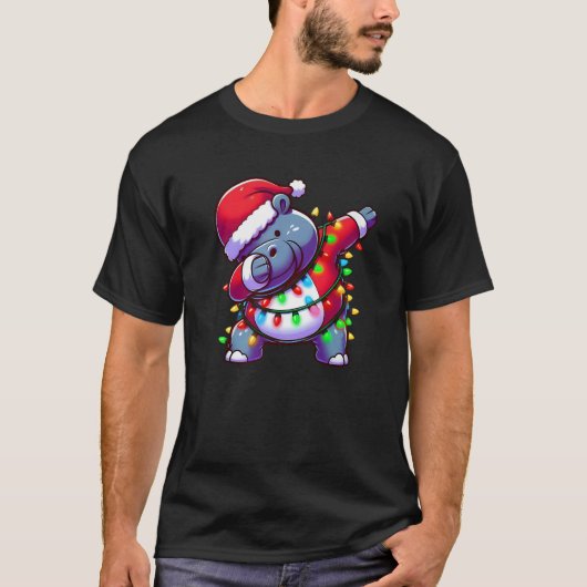 Christmas Santa Costume Dabbing Hippo Xmas Lights T-Shirt (Vorderseite)
