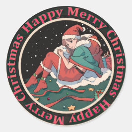 Christmas Santa Girl Runder Aufkleber