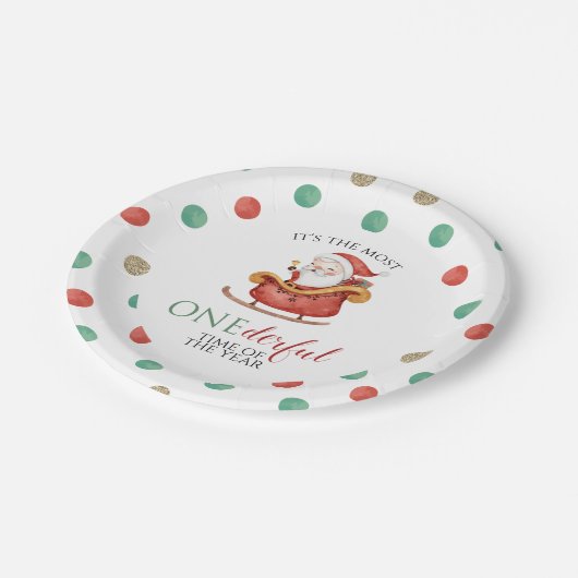 Christmas Santa Onederful First Birthday Paper Pla Pappteller (Schrägansicht)