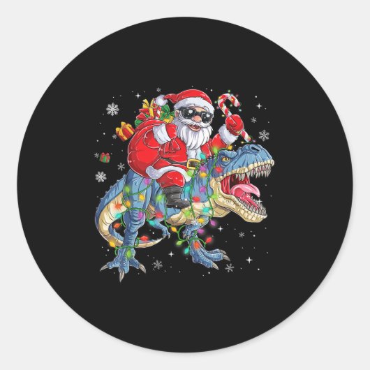 Christmas Santa Riding Dinosaur Funny Xmas Lights Runder Aufkleber (Vorderseite)