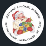 Christmas Santa Watercolor Round Return Runder Aufkleber<br><div class="desc">Dieses Design kann in dem Bereich personalisiert werden, der durch das Ändern des Fotos und/oder Textes zur Verfügung gestellt wird. Sie können auch angepasst werden, indem Sie auf Vorlage personalisieren klicken und dann auf die Schaltfläche klicken, um weitere Optionen anzupassen, um die Hintergrundfarbe zu löschen oder zu ändern, Text hinzuzufügen,...</div>