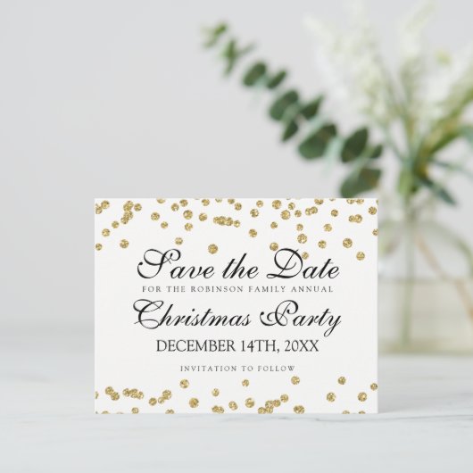 Christmas Save the Date Gold Glitzer Confetti Ankündigungspostkarte (Stehend Vorderseite)