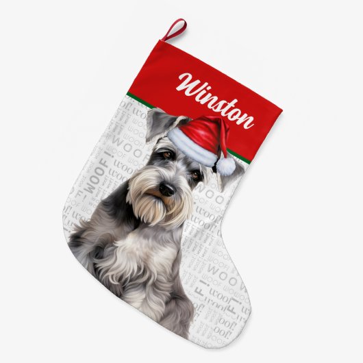 Christmas Schnauzer Dog Name Woof Background Großer Weihnachtsstrumpf (Vorderansicht (hängend))