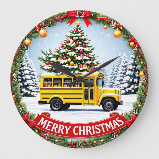 Christmas School Bus Winter Große Wanduhr (Vorderseite)