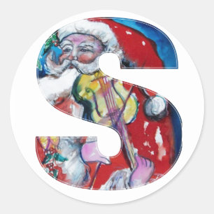 CHRISTMAS SCHREIBEN / SANTA MIT VIOLIN MONOGRAM RUNDER AUFKLEBER