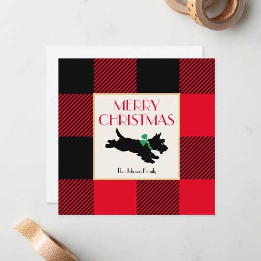 Christmas Scottie Dog Buffalo Kariert Red Flat Mitteilungskarte (Vorderseite/Rückseite Beispiel)