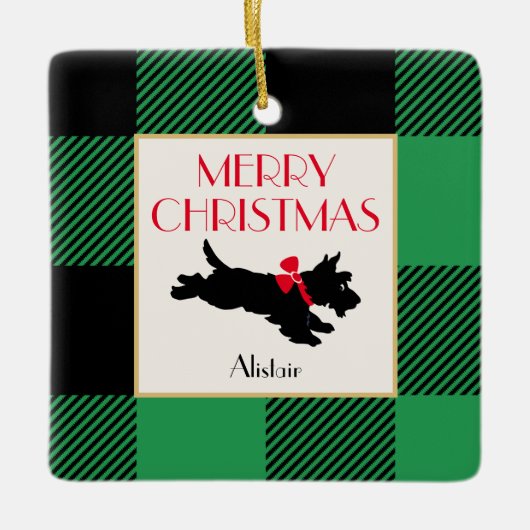 Christmas Scottie Dog Foto Buffalo Kariert Green Keramikornament (Vorderseite)