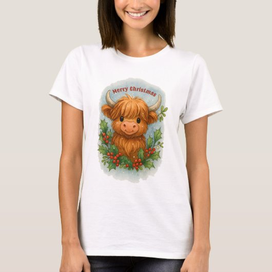 Christmas Scottish Highland Cow Holly & Mistletoe T-Shirt (Vorderseite)