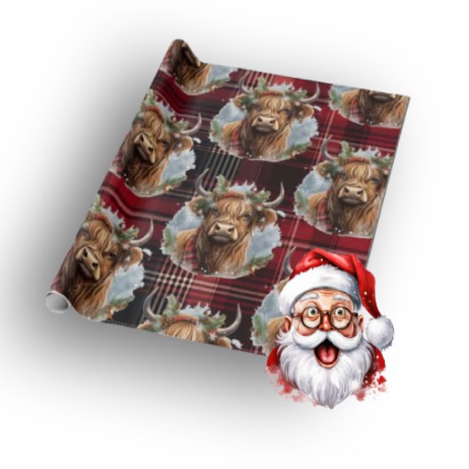 Christmas Scottish Tartan dunkelrot Highlander Cow Geschenkpapier