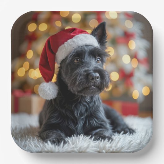 Christmas Scottish Terrier On Fur Pappteller (Vorderseite)
