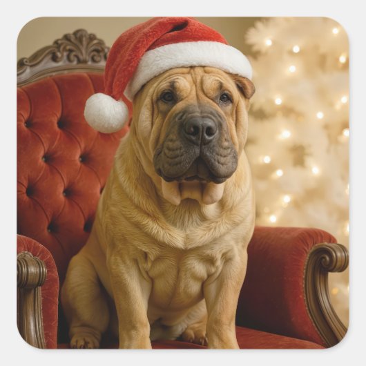 Christmas Shar-Pei Dog With Santa Hat Quadratischer Aufkleber (Vorderseite)