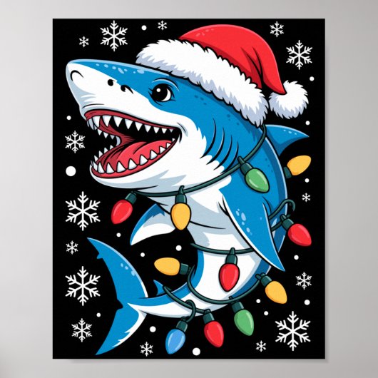 Christmas Shark Santa Hat Wrapped Lights Holiday S Poster (Vorne)