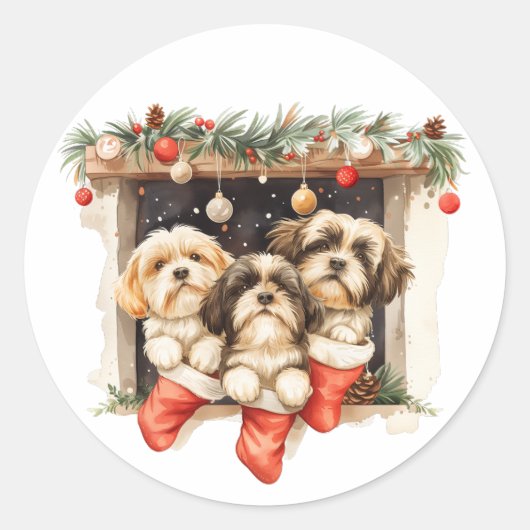 Christmas Shih Tzu Dogs Runder Aufkleber (Vorderseite)