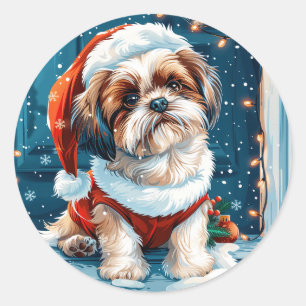 Christmas Shih Tzu Santa Dog Runder Aufkleber