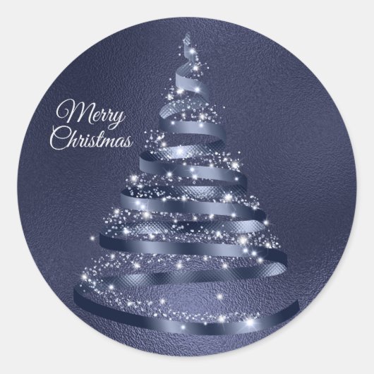 Christmas Shiny Blue Ribbon Tree Sparkle Runder Aufkleber (Vorderseite)