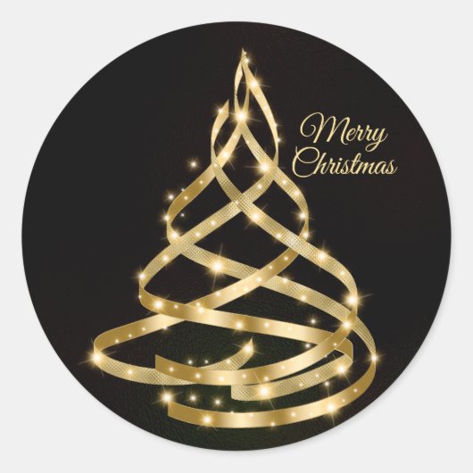 Christmas Shiny Golden Ribbon Tree Sparkle Black Runder Aufkleber (Vorderseite)