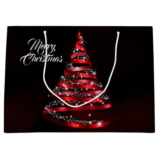 Christmas Shiny Red Ribbon Tree Sparkle Black Große Geschenktüte (Vorderseite)