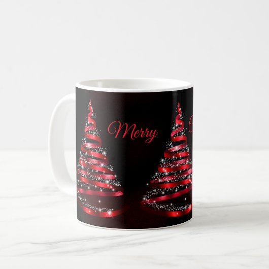 Christmas Shiny Red Ribbon Tree Sparkle Black Kaffeetasse (Vorderseite Links)
