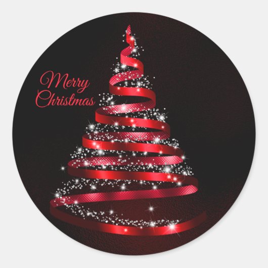 Christmas Shiny Red Ribbon Tree Sparkle Black Runder Aufkleber (Vorderseite)
