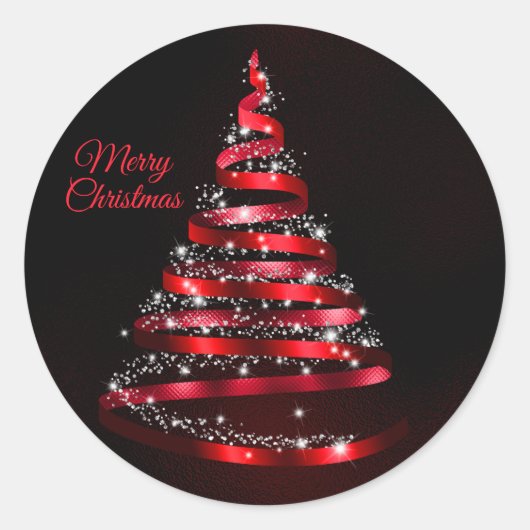 Christmas Shiny Red Ribbon Tree Sparkle Black Runder Aufkleber (Vorderseite)